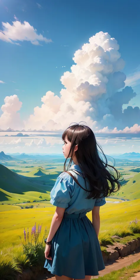 realisitic，Vast grasslands、horizon，blue open sky，Giant cumulonimbus clouds，Vibrant colors、A girl looks at it from a hill in the distance