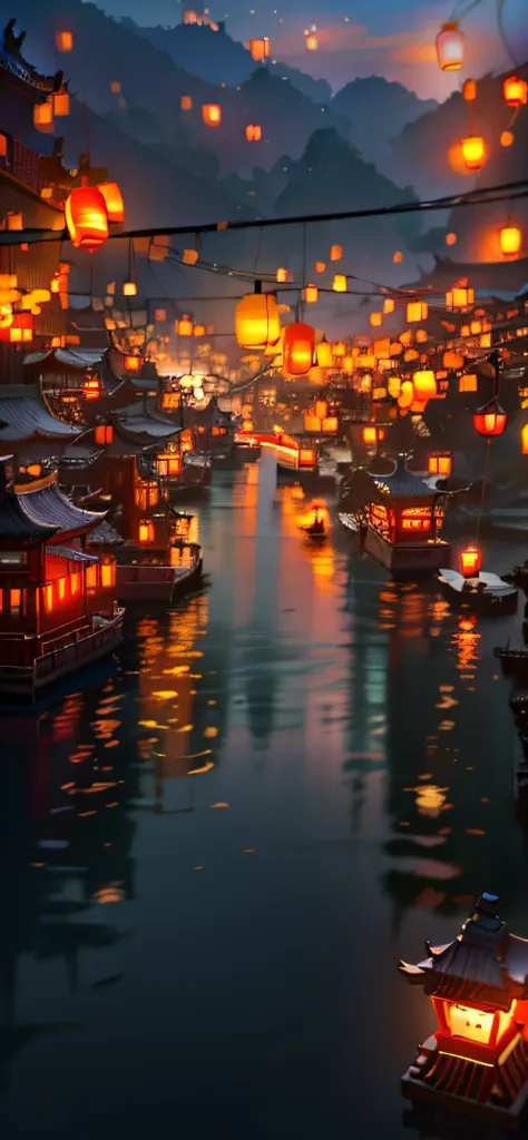 Night view of floating lanterns over the river, dreamy Chinese towns, Rosla global lighting, Glowing lights! Digital painting, f...