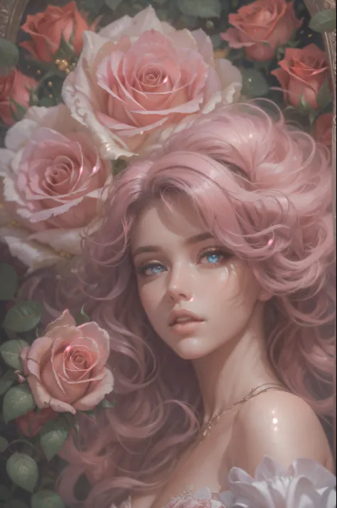 This is realistic fantasy artwork set in the castle's enchanted rose garden. Generate a proud woman with a highly detailed face ...