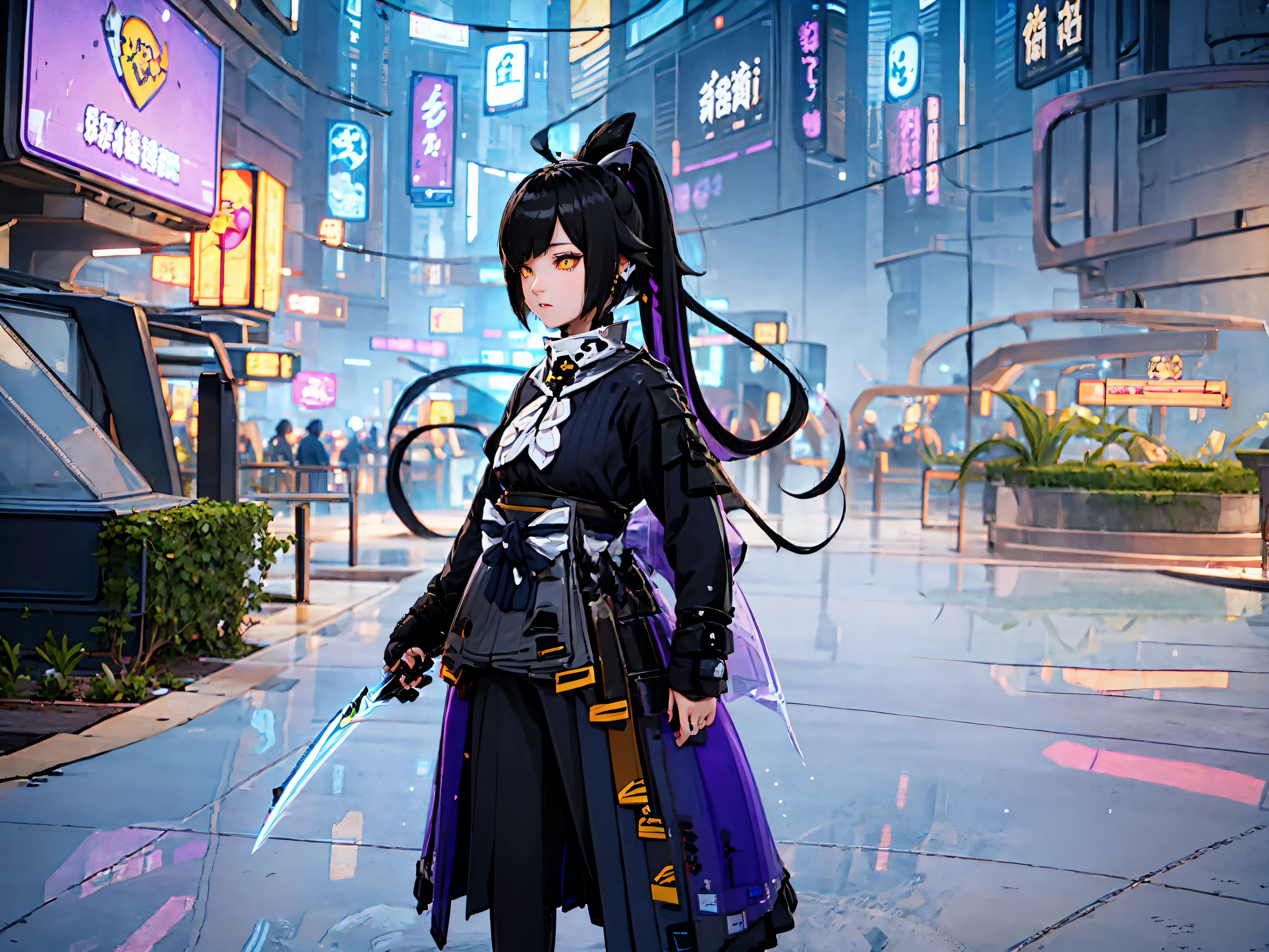 Female, beautiful face, black Long 1 pigtail hair, emo Hair, Holding a sword, yellow eyes, Standing at village, purple Strict samurai suit, Long black leggings, frost element, frost effect, frost particles, masterpiece