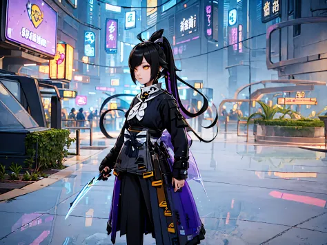 female, beautiful face, black long 1 pigtail hair, emo hair, holding a sword, yellow eyes, standing at village, purple strict sa...