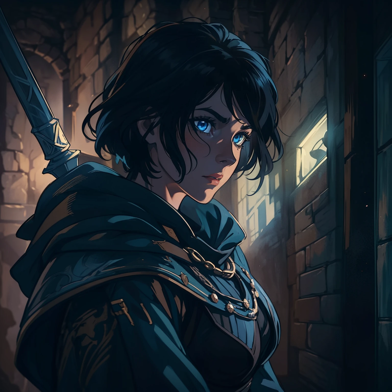 A portrait of a beautiful woman, a warrior with blue eyes and short, black hair wearing combat costumes, costumes for medieval fighting training, she is in a dark room, with moonlight being the only source of light coming in through the window., a well-contrasted image drenched in mystery we can barely see her face through the darkness many well-marked shadows and a special focus on contour lights cinematic lights a dramatic lighting dramatic pose of profile an environment full of magic shadows and mysteries in a medieval art RPG art a detailed and approximate art a medieval RPG art RPG art game art banner art she has a dark aura because she is Evil