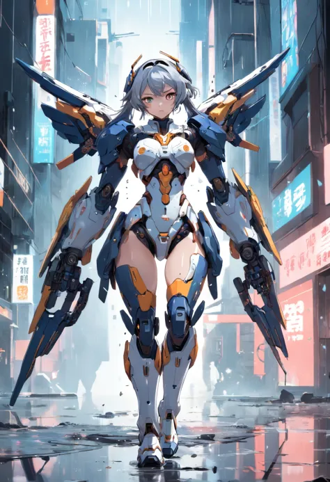 A woman in a futuristic suit is running in a puddle, girl in mecha cyber armor, female mecha, cyberpunk anime girl mech, Mechanized Valkyrie girl, Digital cyberpunk anime art, Mecha wings, anime cyberpunk art, Mecha suit, Ross Tran 8 K, digitl cyberpunk - ...