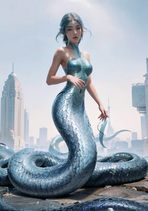 (mermaid:1.2), (Snake tail:1.3)，8K  UHD，RAW photo，A snake woman，（Python pattern），（snake man），(Real Human:1.3)，(A high resolution:1.4)，(A detailed:1.5)，(sci-fy:1.7)，RAW photo，Portrait Photogram，Realistic scales，cabellos largos dorados，RAW photo，超A high reso...