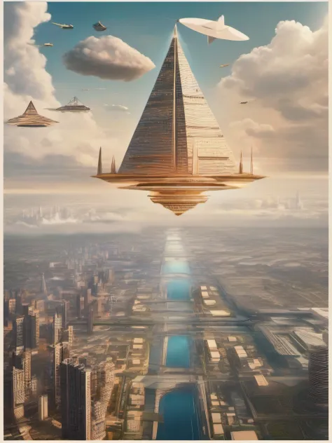 A large futuristic flying city with many buildings high in the air above the clouds., The big buildings are in the shape of a pyramid. The city is flying above a wide river. Here and there gliders fly through the air -
