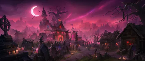 Araffed Cemetery，At night there are cemeteries and cemetery houses, hearthstone concept art, scary magical background, Blizzard ...