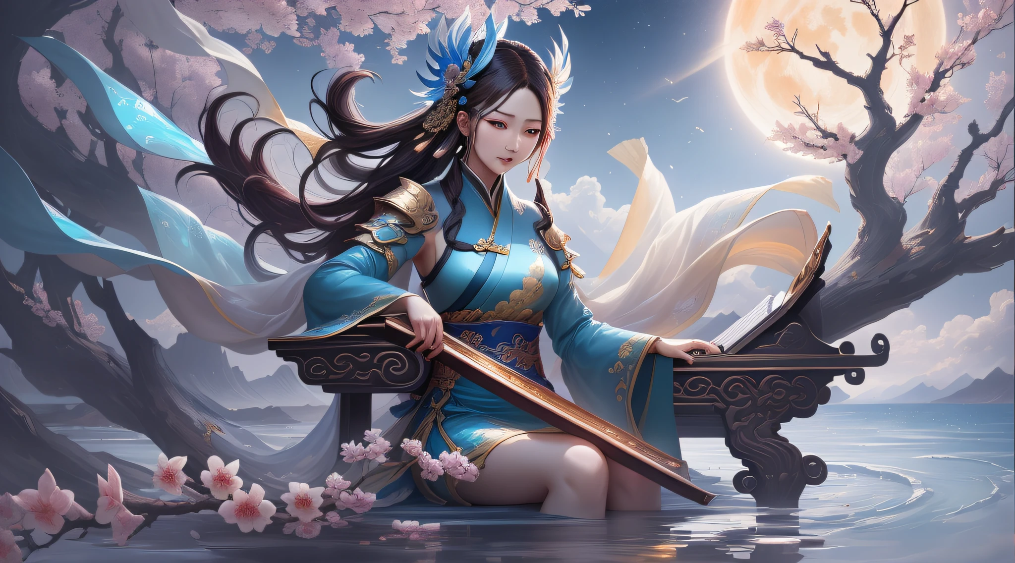 1 Girl in red dress sitting in a tree playing piano, Long hair,Big sleeves, Long hair in the air,Beautiful celestial mage, Sea Empress Mu Yanling, Onmyoji detailed art, beautiful fantasy empress, ((full-body xianxia)),Chinese fantasy, Goddess of the sun, Beautiful young wind spirit, Inspired by Lanying,Best quality,High quality,8K,4K,the wallpaper,(Super beauty,Beautiful face),((Hanfu)),((Bright color, High saturation((,Detailed,relistic,Photography,