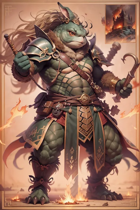 （anthropomorphic turtle），（rabbit warrior：1.4），coda，a tall body，Stout limbs，disdain，ran，tosen，The long hairs of the flame fluttered in the wind，combats，Dynamic lines，Dimly lit battlefield，Ruined castle，（stereoscopic perspective：1.4），Works of masters，super-f...