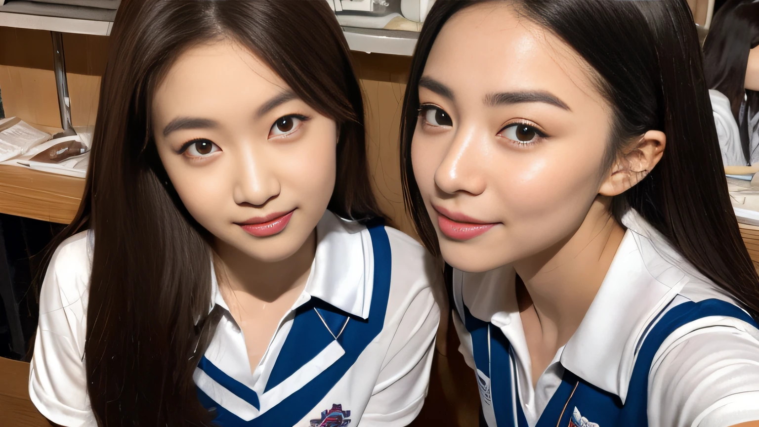 Two asian girls in school uniforms posing for a picture - SeaArt AI