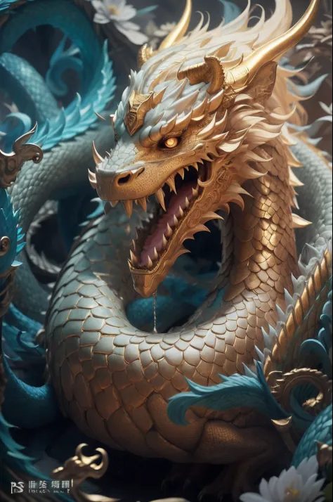 There is a dragon statue with a golden head and a blue body, cyan chinese dragon fantasy, chinese dragon concept art, smooth chinese dragon, drak, 8K high quality detailed art, trending on artstation 4k, oil painting of dragon, Chinese Dragon, 3d render tr...