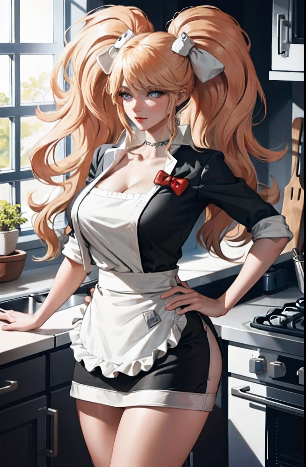 nsfw，A tall and beautiful mature woman， wearing nothing but an apron，Expression confidence, showing her thighs and shoulders, busty figure, Big breasts, A ball head,  a human wife, In a kitchen.