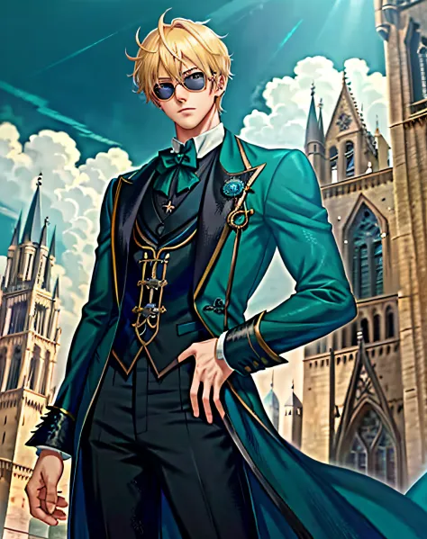 1boy, (Man), manly body, anime big breast, Extremely detailed, ultra - detailed, (Broad shoulders), (Perfect face), illustration, Soft lighting, 2D, Intricate, Cowboy shot, Detailed eyes, Blonde hair, Short hair, teal eyes, Sexy, shades, Black Tailcoat, (o...