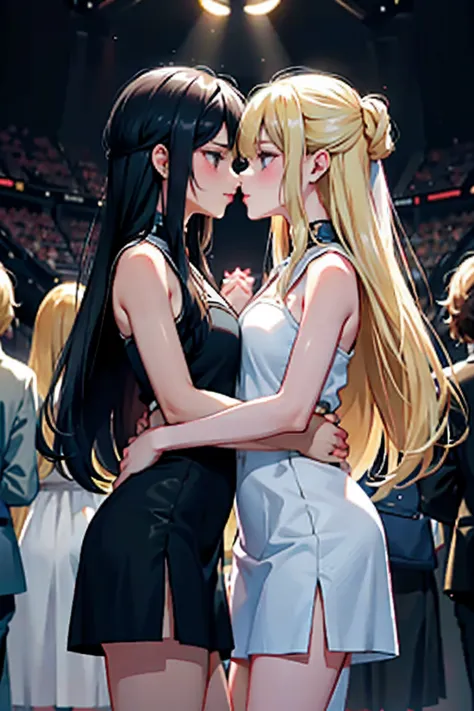 Two girls，Same stature，One black hair and one blonde，Hold each other，The two bodies are close together，Kiss，in the crowd