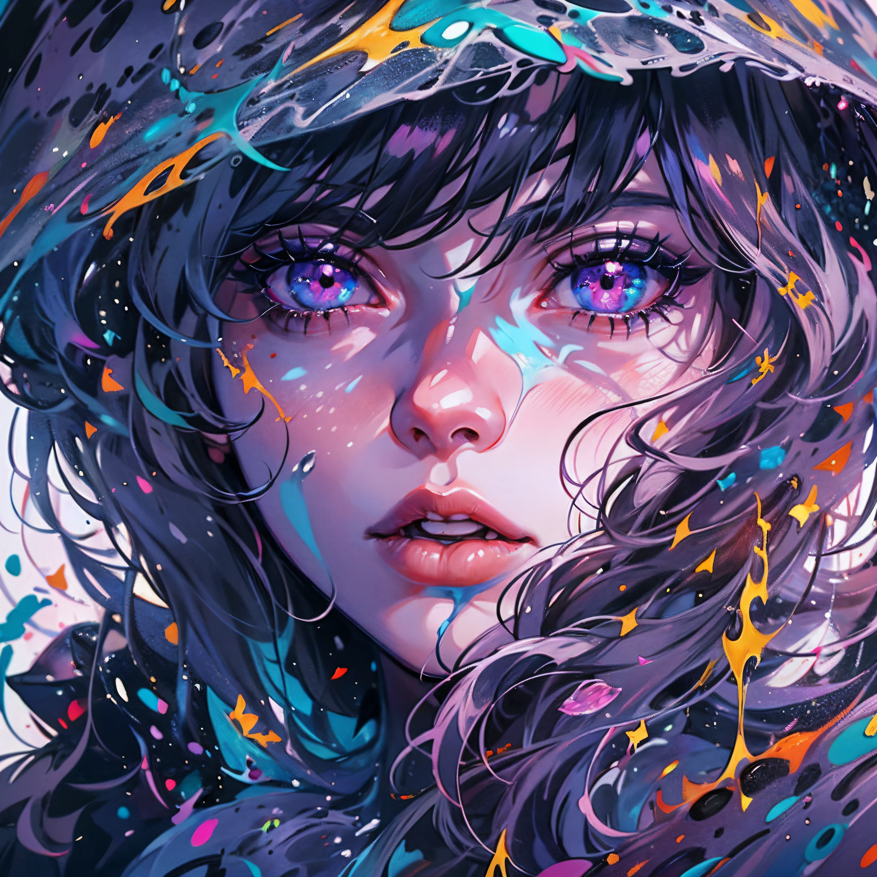 close up portrait, beautiful girl, purple eyes, in the style of crisp neo-pop illustrations, swirling colors, bold and colorful portraits, uhd image, futuristic victorian, splattered, dripped, masterpiece, best quality