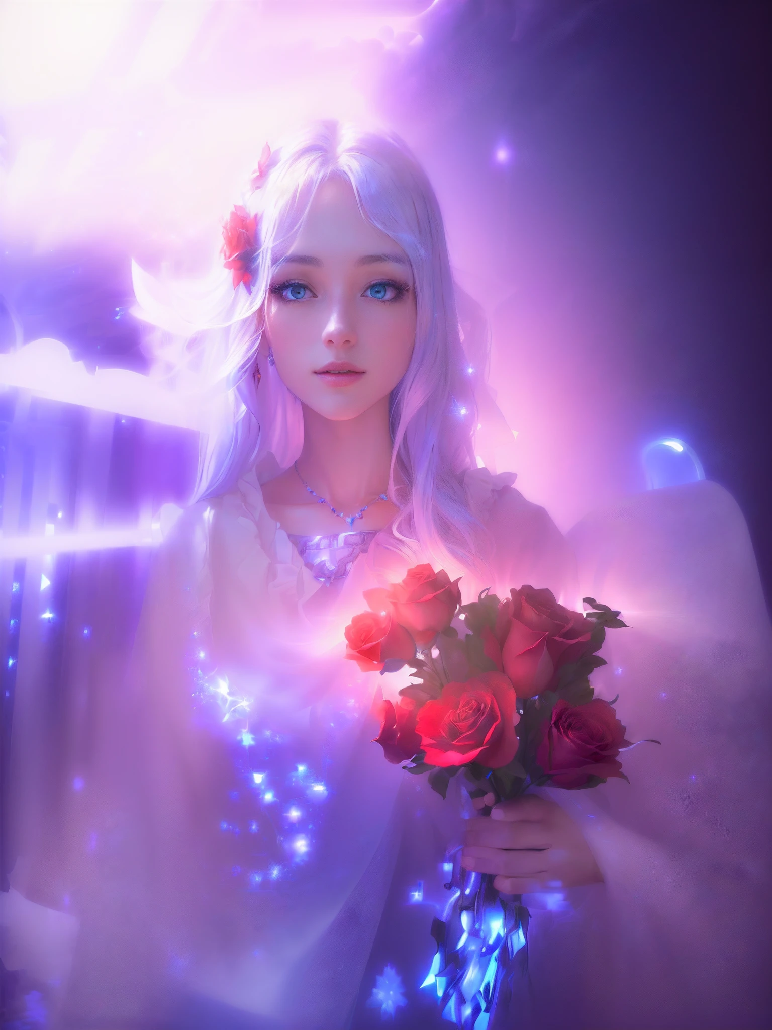 (Extremely detailed CG Unity 8k wallpapers, masterpiece, high quality, super detailed), (charming charming girl, lavish decoration, gorgeous, and charming red roses), (dynamic view, dazzling blue eyes, long silver hair: 1.3, exquisite collection,), (magic and mystery background, firefly lights, glowing particles, ethereal fog and darkness), high saturation.