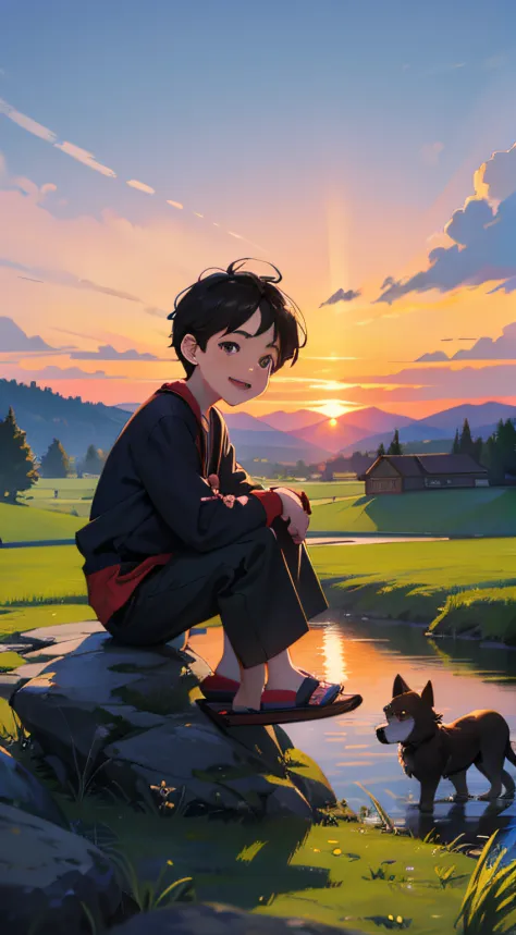 a happy little boy，dressed in casual attire，wear slippers，sit on the rocks of the meadow，the background is the village，there is ...