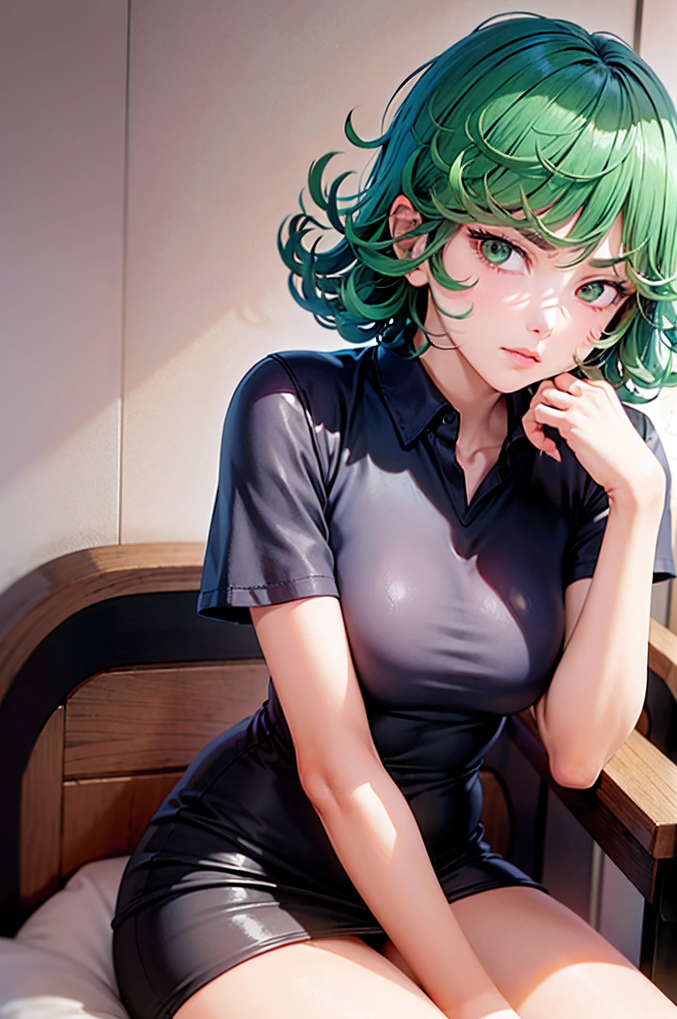 (Masterpiece, Best Quality:1.2), solo, 1girl, tatsumaki, unamused, closed mouth, looking a viewer, hand on our face, sitting, Short black dress,big thighs,crossing leg