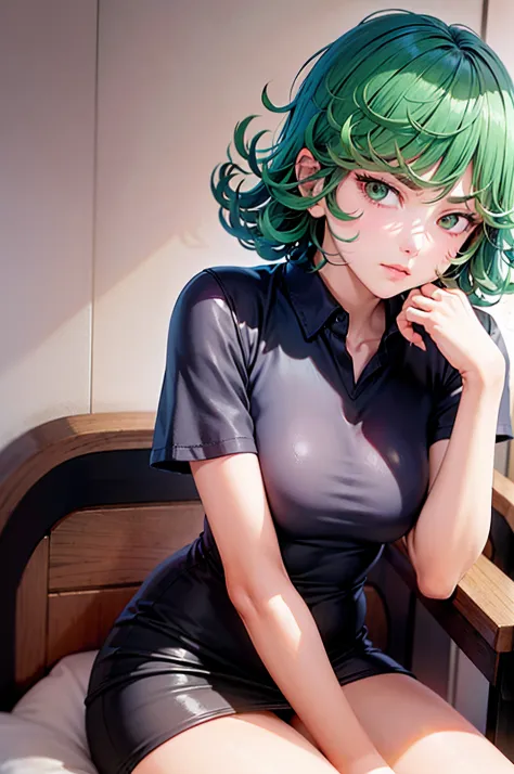 (Masterpiece, Best Quality:1.2), 独奏, 1girl, tatsumaki, unamused, closed mouth, looking a viewer, hand on our face, sitting, Short black dress,big thighs,crossing leg