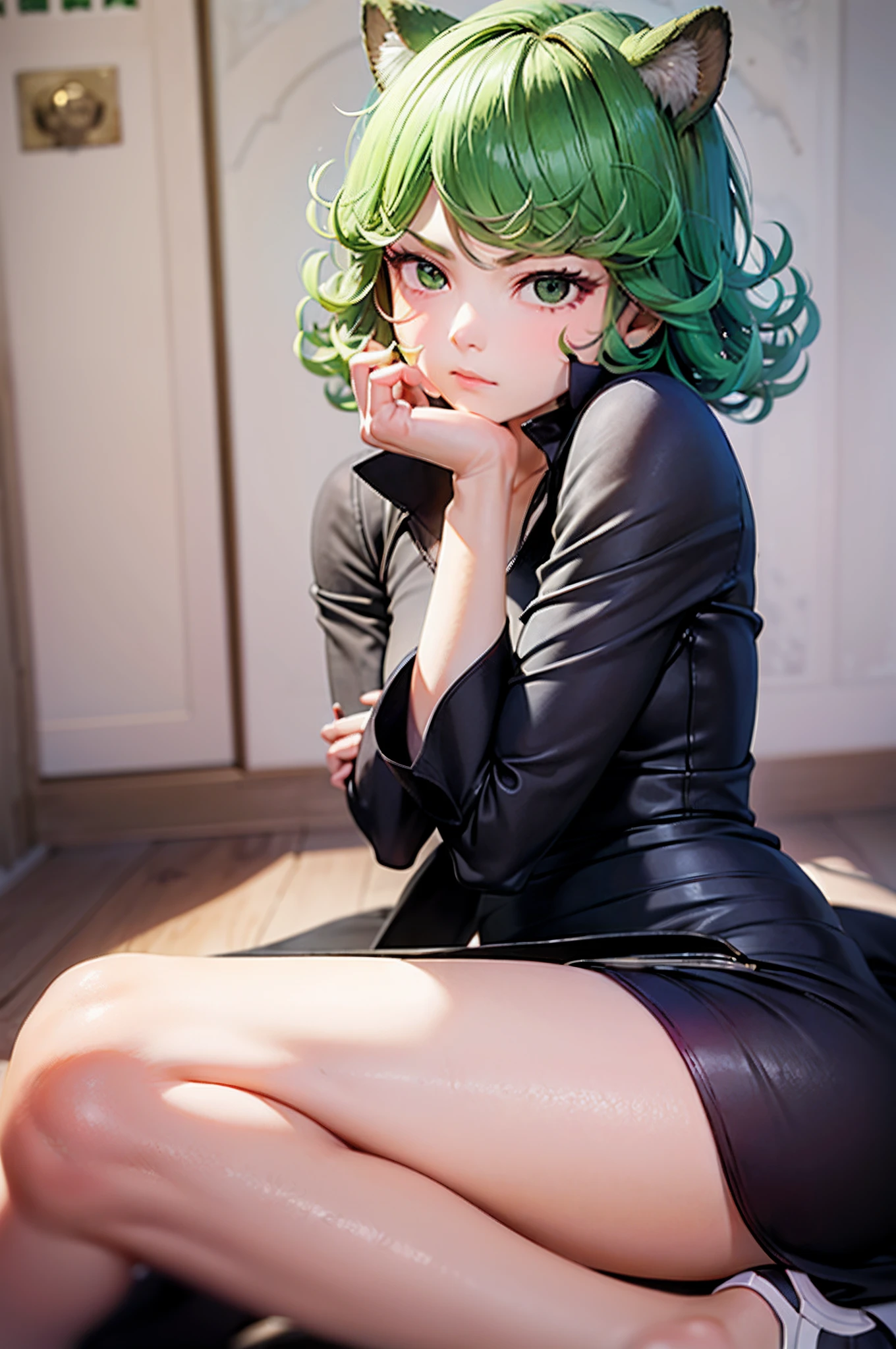 (Masterpiece, Best Quality:1.2), solo, 1girl, tatsumaki, unamused, closed mouth, looking a viewer, hand on our face, sitting, Short black dress,big thighs,crossing leg