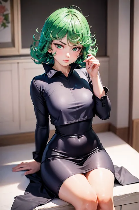 (Masterpiece, Best Quality:1.2), 独奏, 1girl, tatsumaki, unamused, closed mouth, looking a viewer, hand on our face, sitting, Short black dress,big thighs,crossing leg