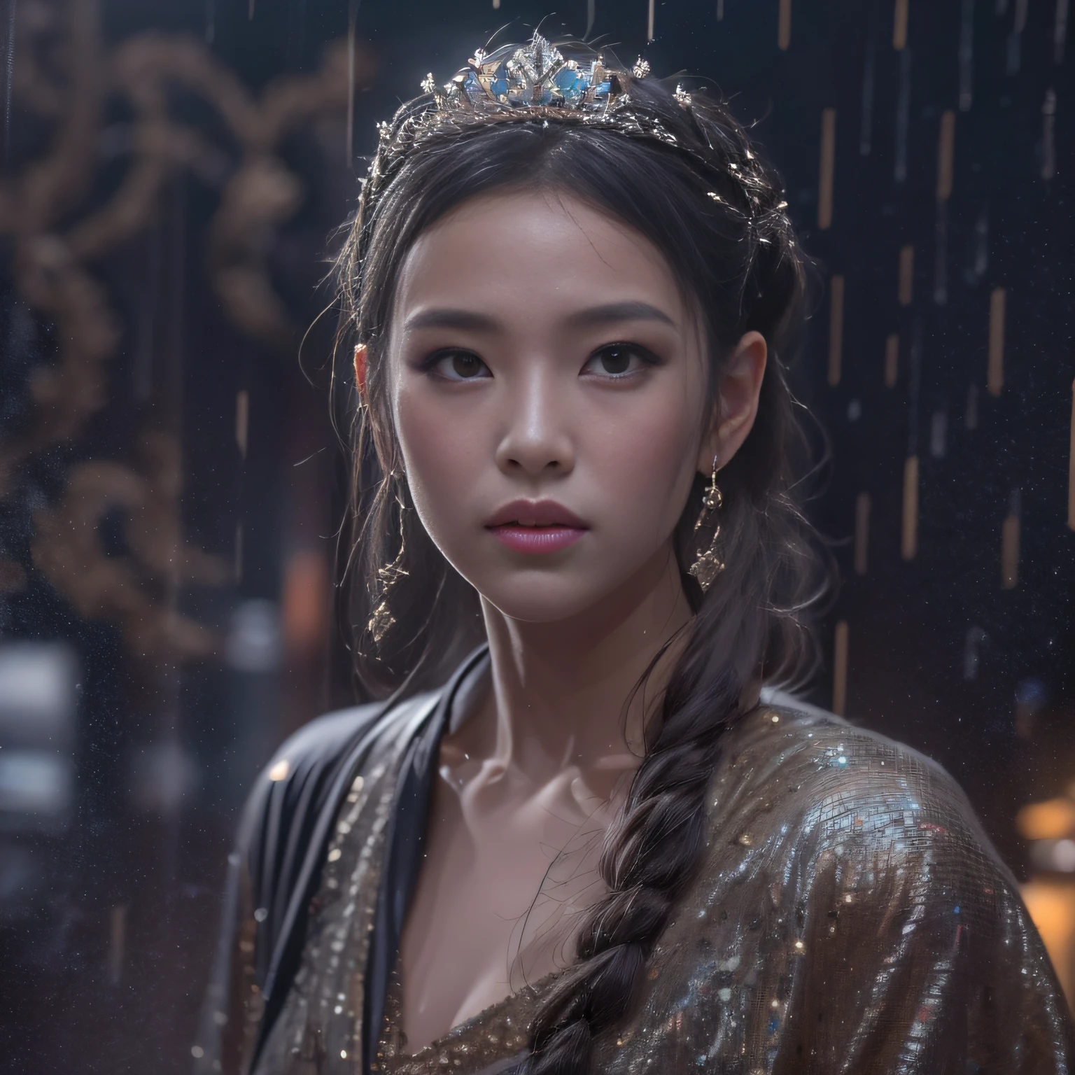 32K（tmasterpiece，k hd，hyper HD，16k）short detailed hair，Vintage train in the back room，Rain Circle Girl ，The nostrils look at people （realisticlying：1.4），Python robe，Purple-pink tiara，Rain flower，The background is pure， A high resolution， the detail， RAW photogr， Sharp Re， Nikon D850 Film Stock Photo by Jefferies Lee 4 Kodak Portra 400 Camera F1.6 shots, Rich colors, ultra-realistic vivid textures, Dramatic lighting, Unreal Engine Art Station Trend, cinestir 800，Close-up of the side of the half