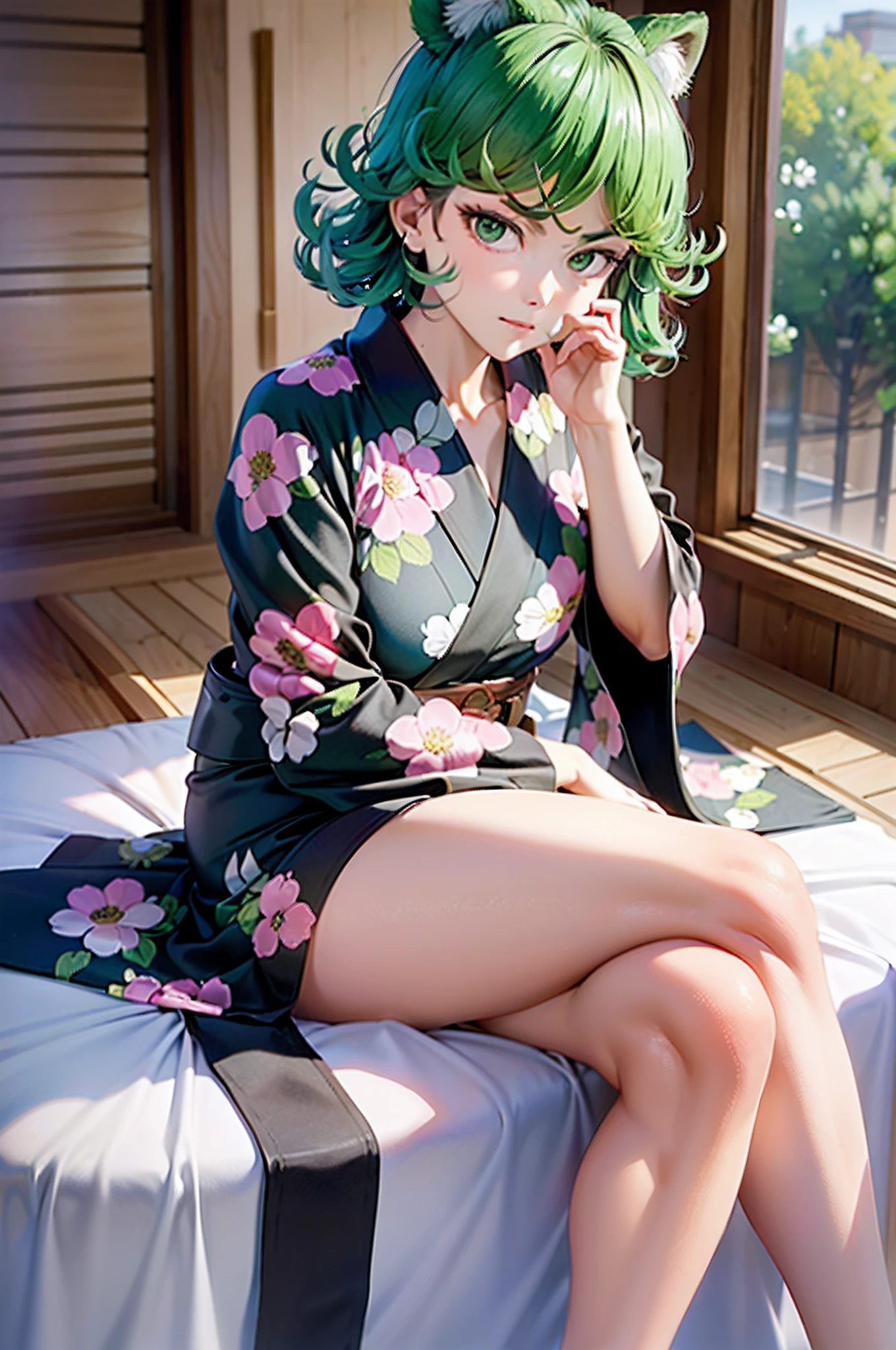 (Masterpiece, Best Quality:1.2), solo, 1girl, tatsumaki, unamused, closed mouth, looking a viewer, hand on our face, sitting, Short black kimono ,big thighs,crossing leg