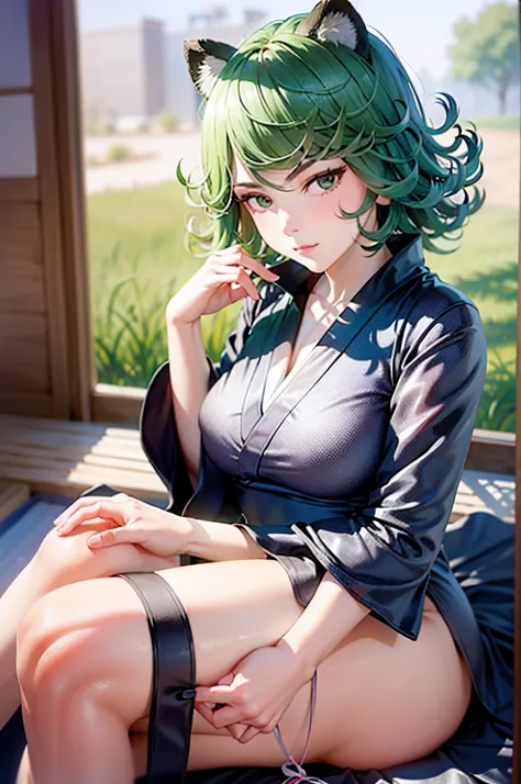 (Masterpiece, Best Quality:1.2), 独奏, 1girl, tatsumaki, unamused, closed mouth, looking a viewer, hand on our face, sitting, Short black kimono ,big thighs,crossing leg
