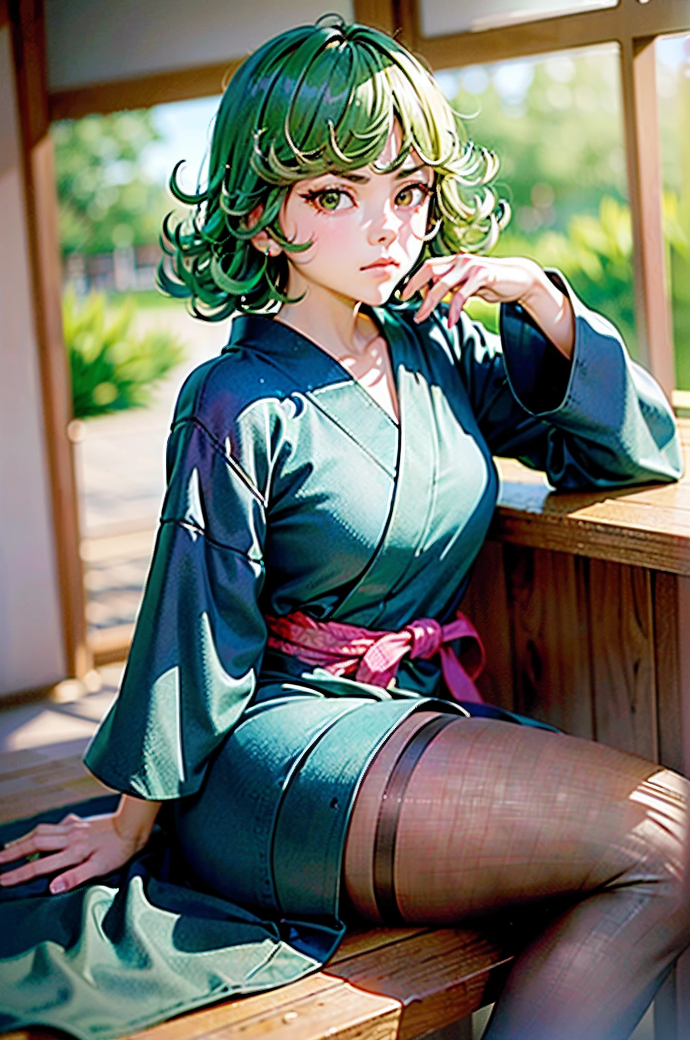 (Masterpiece, Best Quality:1.2), solo, 1girl, tatsumaki, unamused, closed mouth, looking a viewer, hand on our face, sitting, Short black kimono ,big thighs,crossing leg