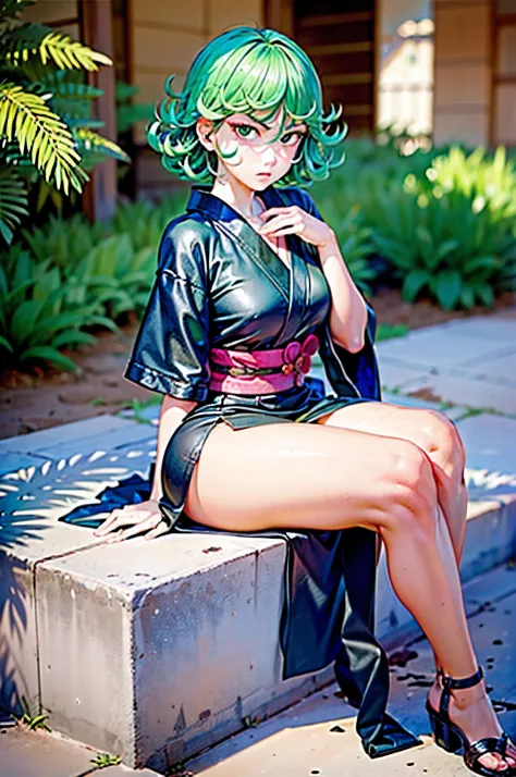 (Masterpiece, Best Quality:1.2), 独奏, 1girl, tatsumaki, unamused, closed mouth, looking a viewer, hand on our face, sitting, Short black kimono ,big thighs,crossing leg