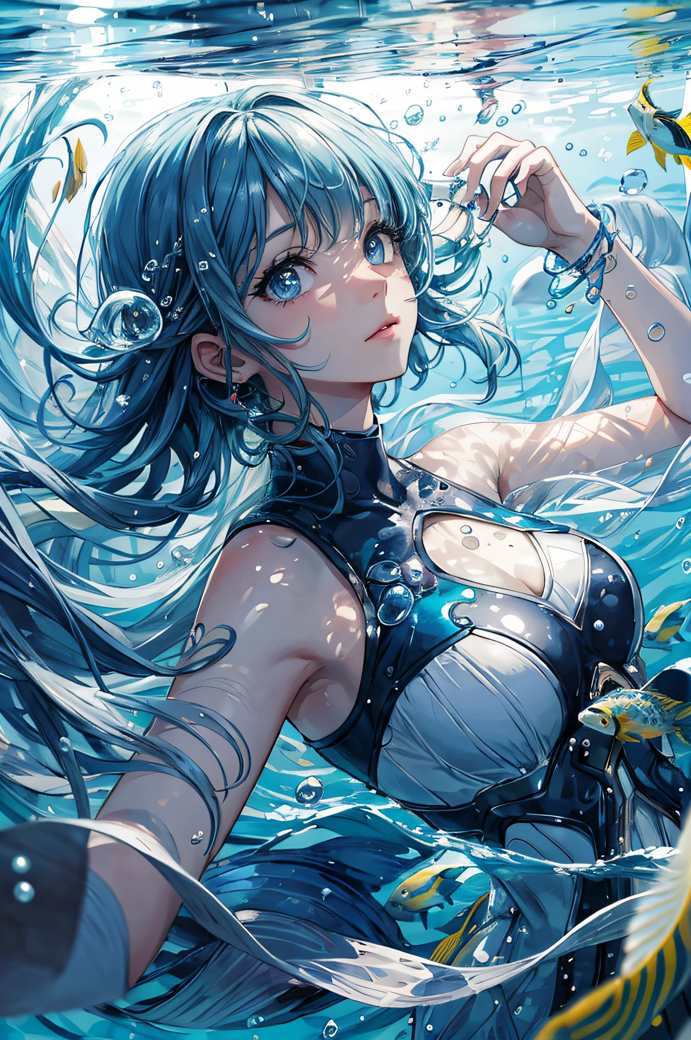 abstract background,(illustration:1),masterpiece,best quality,detailed face and eyes,1 girl,underwater hair physics,air bubbles,light coming through water,reflections,laying in water,split layers of water,school of fish,beauty,