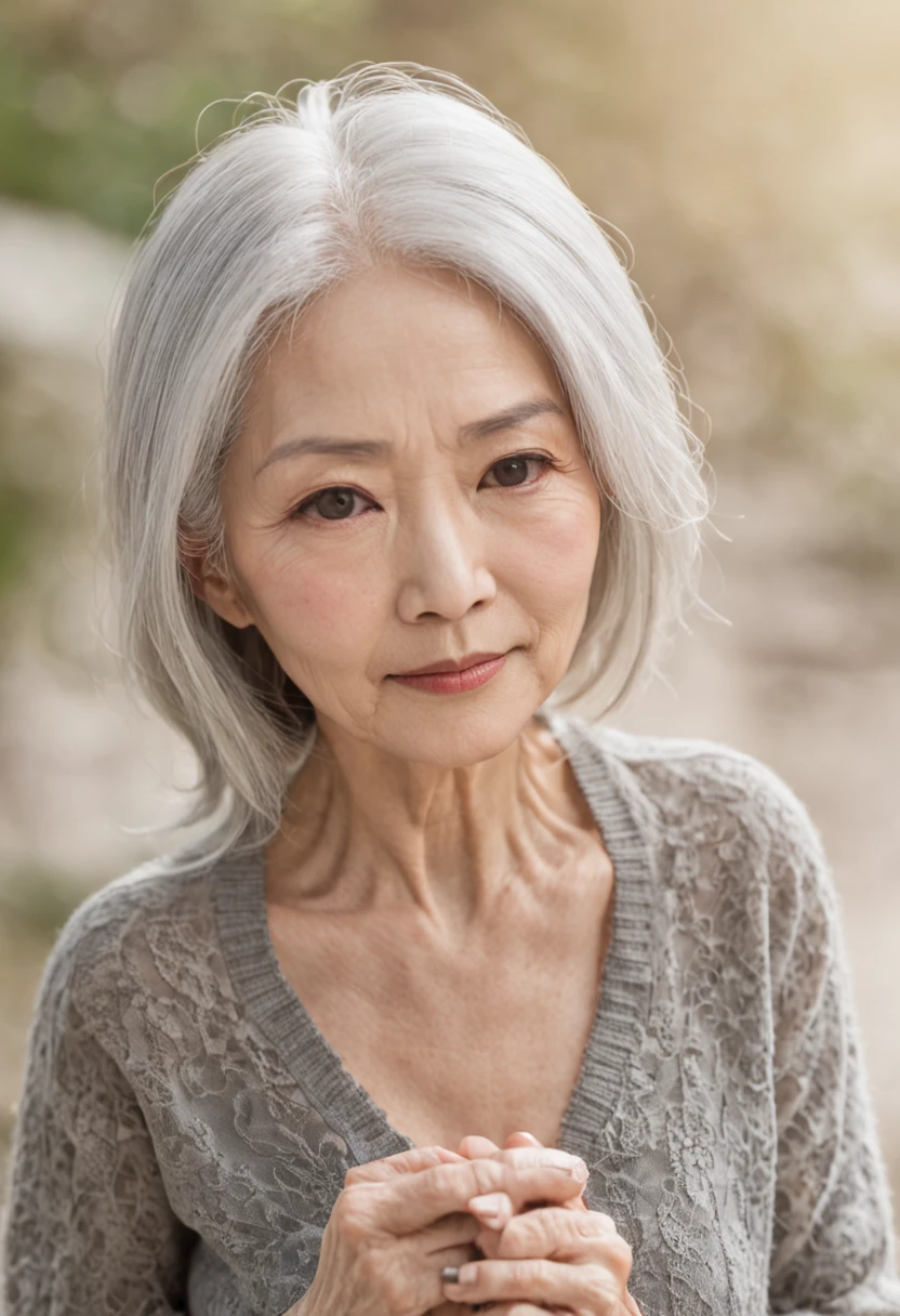 An older woman with gray hair and a gray sweater - SeaArt AI