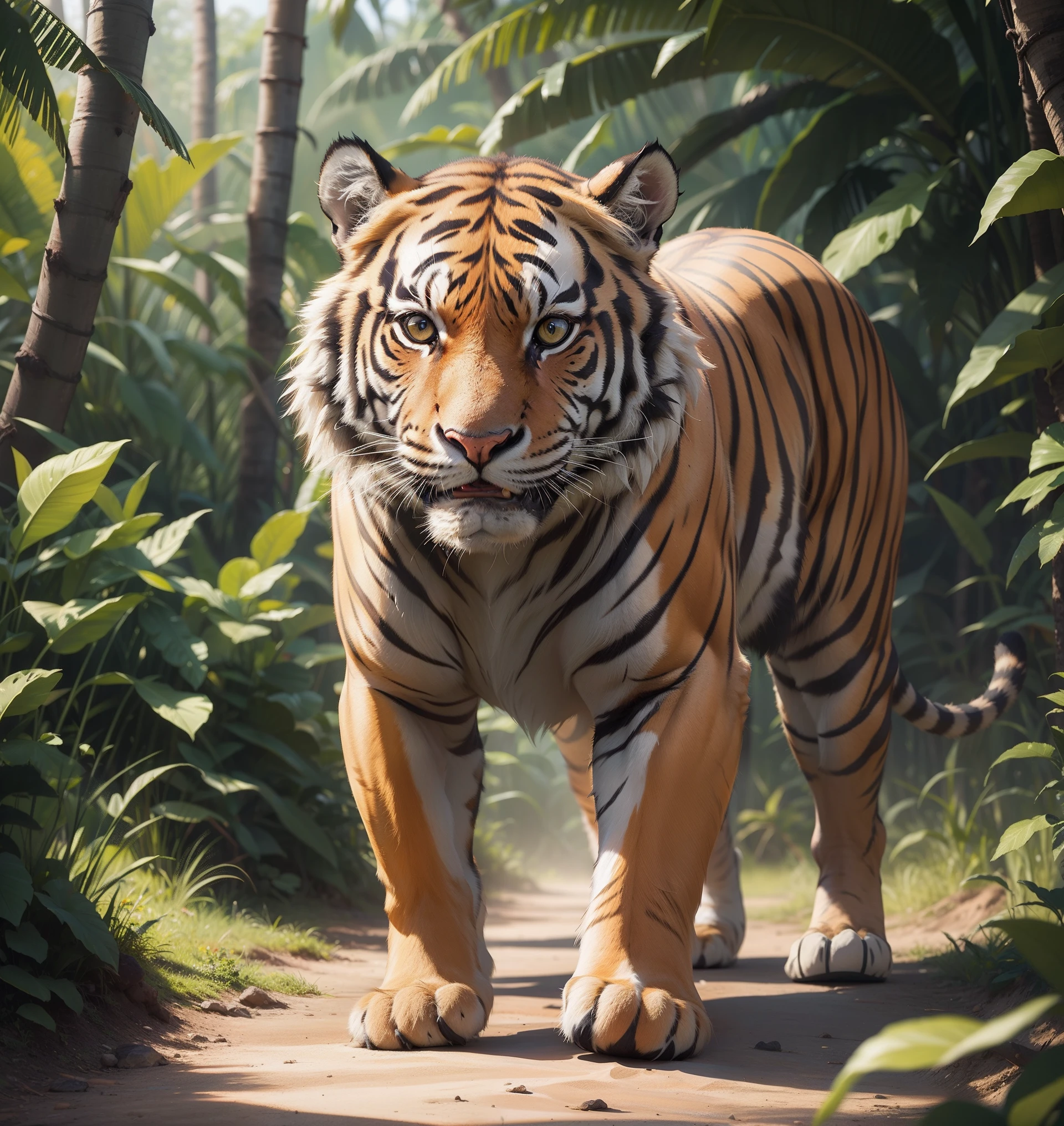 정글의 호랑이, (매우 상세한:1.2), 다중 보기, 슈퍼 HD, 8K, (세부사항을 깊이 새기다:0.8), 초현실적, 전문적인 사진, 전신, 특별한