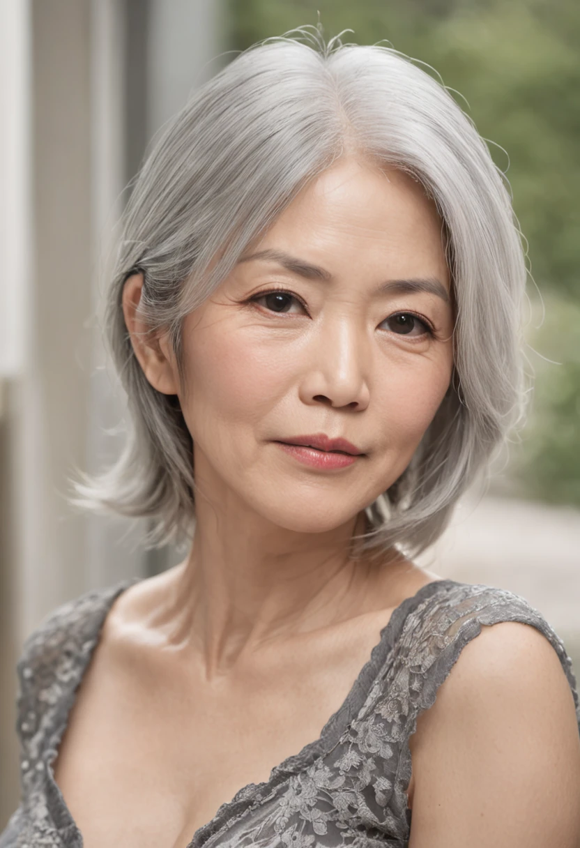 ((Superior Quality, 16 K, ​masterpiece: 1.3)), Ayami Shiina, 50 year old Asian woman, Beautiful woman with her perfect age figure: 1.3, (((white  hair)), ((beutiful breast: 1.3)), (souls, cloudy water)),, (浴室)), ((Pause), ((crouching down, open one's legs)), Stripes, Medium Hair、Black knitwear、Fatigue、Fat