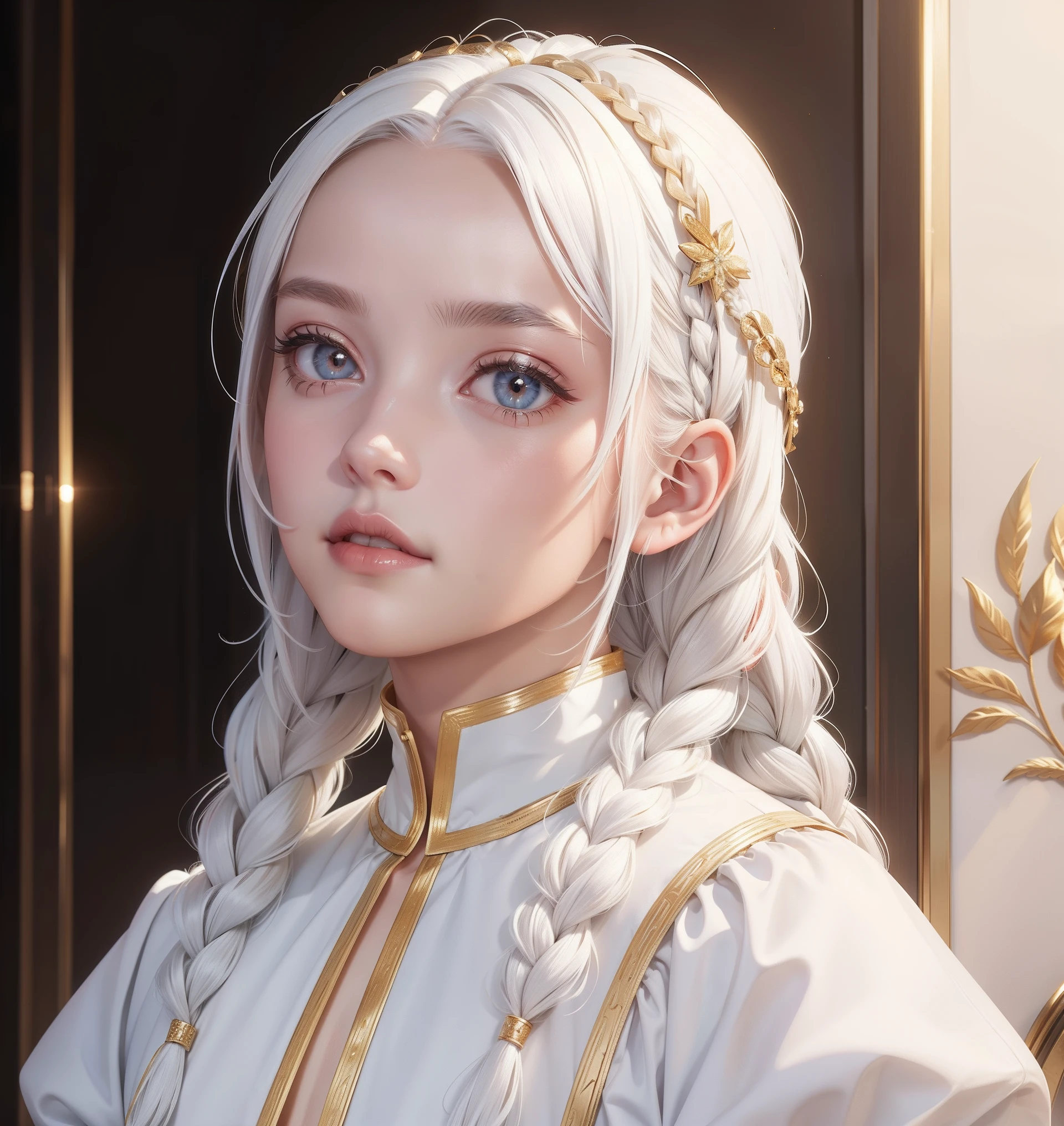 best quality, masterpiece,white hair, gold eyes,white clothes, looking up, upper body,hair strand,Fair skin,side braids