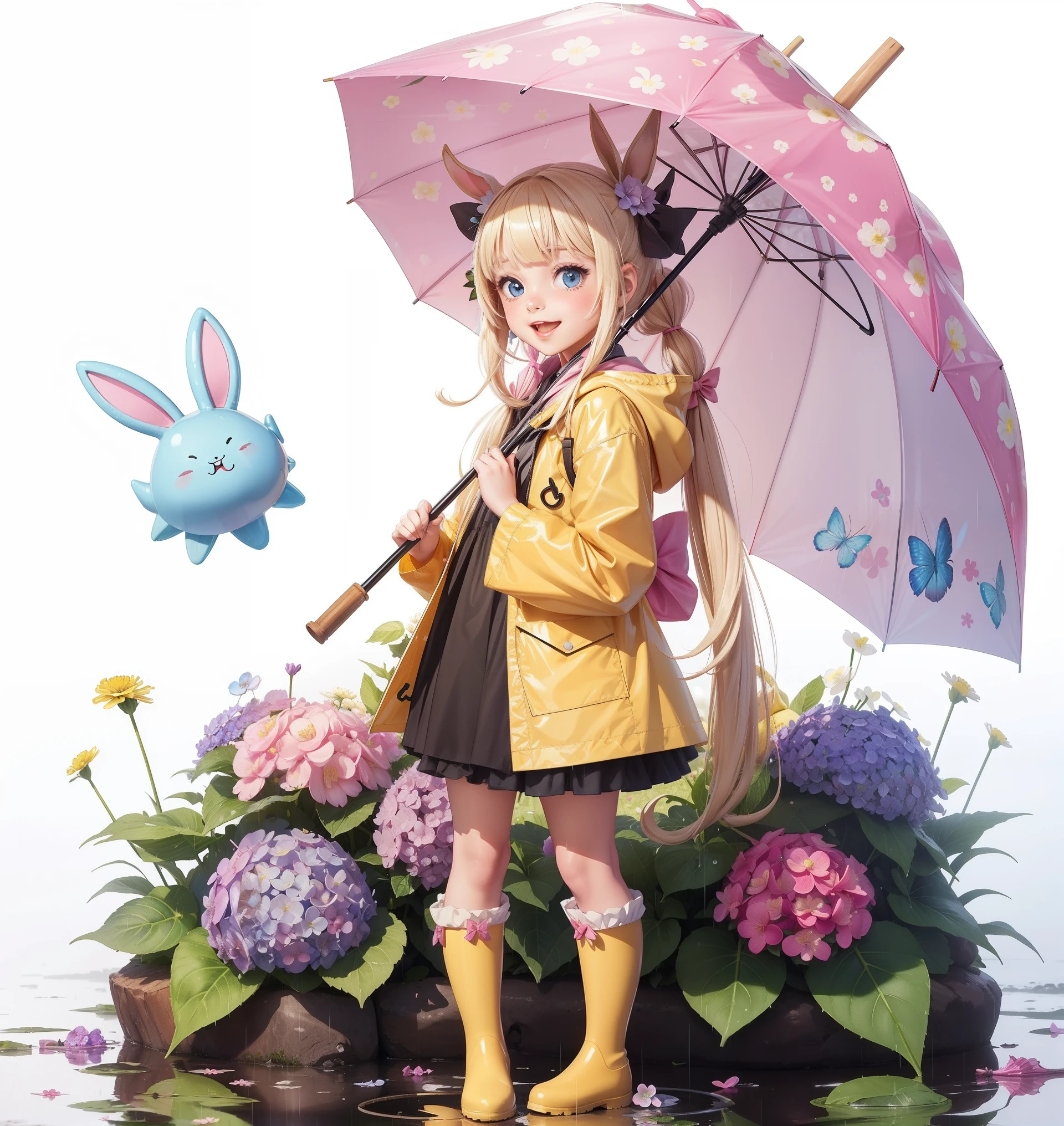 1girl,rainbow,raincoat,yellow raincoat,rubber boots,hydrangea,flower,long hair,twintails,boots,blush,umbrella,open mouth,hair ornament,white background,hood,solo,teruterubouzu,very long hair,hood up,long sleeves,low twintails,bow,bangs,smile,animal hood,blue eyes,rabbit,closed umbrella,puddle,full body,:d,snail,yellow footwear,simple background,pink flower,standing,leaf umbrella,holding umbrella,food-themed hair ornament,hair bow,animal ears,holding,blonde hair,hair flower,rain,animal,