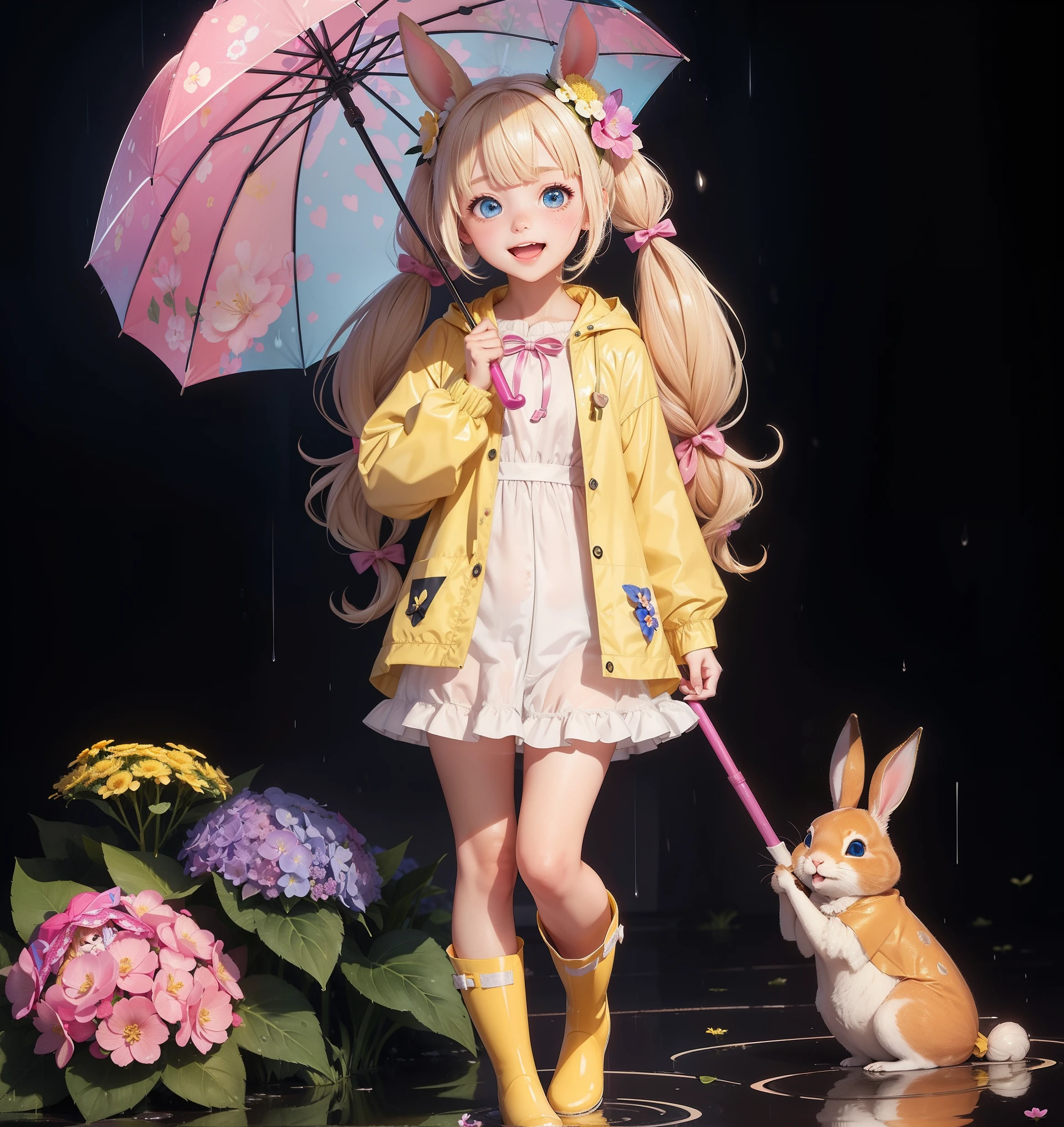 1girl,rainbow,raincoat,yellow raincoat,rubber boots,hydrangea,flower,long hair,twintails,boots,blush,umbrella,open mouth,hair ornament,white background,hood,solo,teruterubouzu,very long hair,hood up,long sleeves,low twintails,bow,bangs,smile,animal hood,blue eyes,rabbit,closed umbrella,puddle,full body,:d,snail,yellow footwear,simple background,pink flower,standing,leaf umbrella,holding umbrella,food-themed hair ornament,hair bow,animal ears,holding,blonde hair,hair flower,rain,animal,