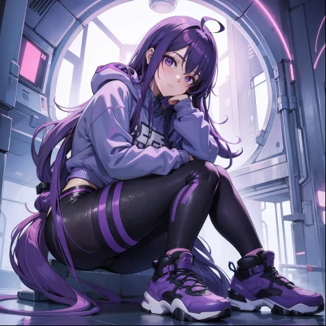 anime girl, purple hair, cyberpunk, leggings, sneakers, sexy, skinny, tight sweatshirt