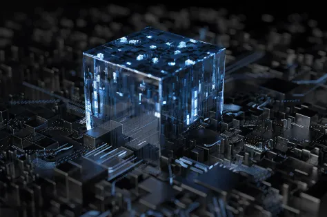 Alafard image of the blue cube on the board, 3d abstract render overlayed, depicted as a 3 d render, translucent cube, borg cube, quantum processor, translucent microchip ornate, Quantum Computers, quantum computing, Rendered in redshift, hyper detailed 3d...
