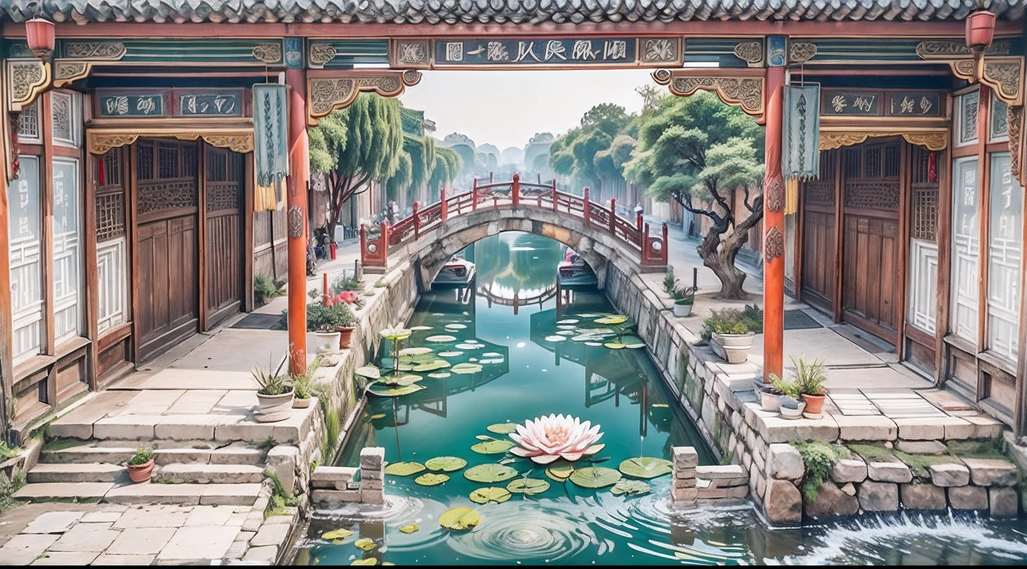 tmasterpiece，Best quality at best，Jiangnan Ancient Town, China，Ancient town life map，Antique rhyme，Blue tile white walls，small bridge flowing water，The ancient town of Jiangnan's water town is like a water lily floating on the water, which is elegant and elegant，without losing the accumulation of history