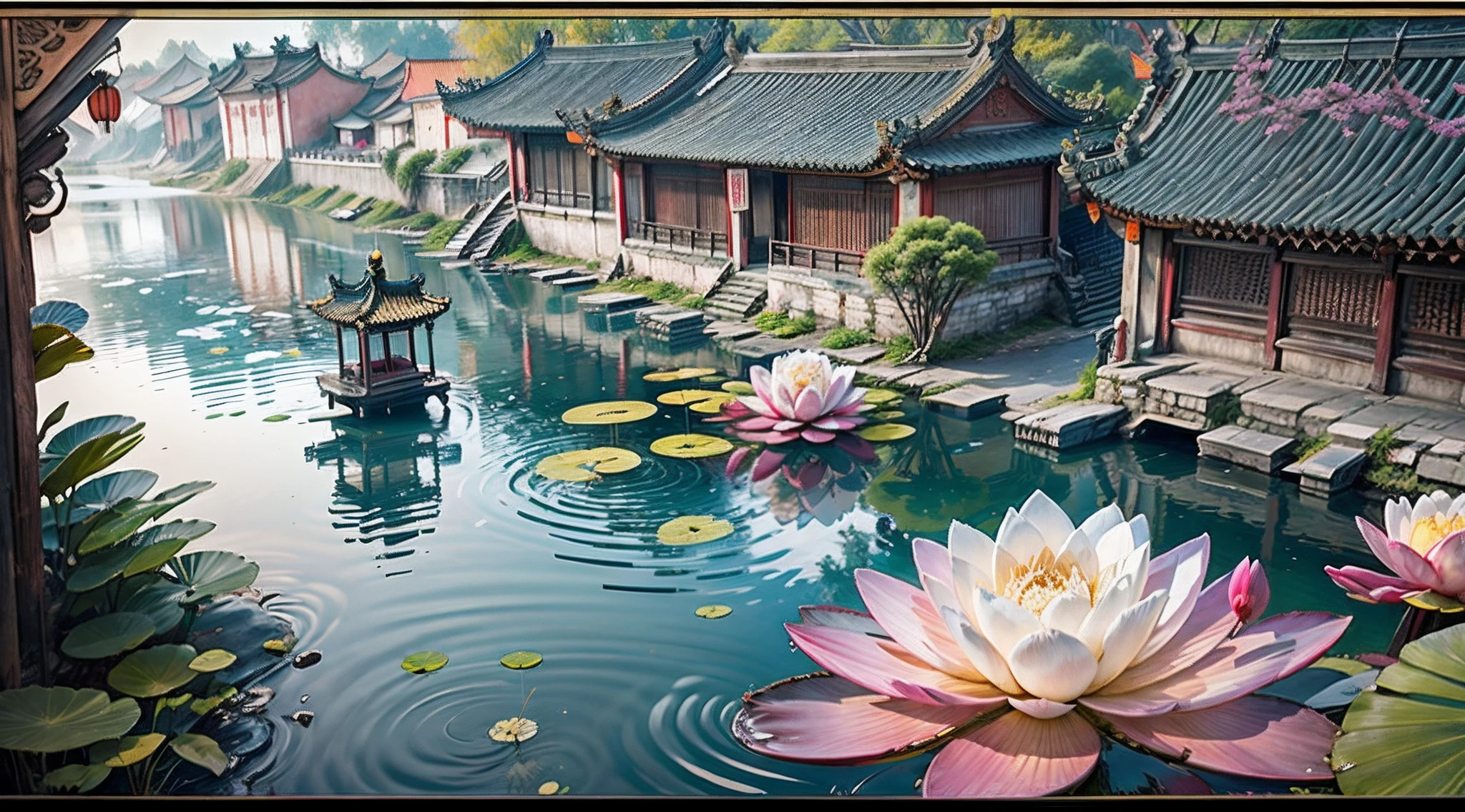 tmasterpiece，Best quality at best，Jiangnan Ancient Town, China，Ancient town life map，Antique rhyme，Blue tile white walls，small bridge flowing water，The ancient town of Jiangnan's water town is like a water lily floating on the water, which is elegant and elegant，without losing the accumulation of history