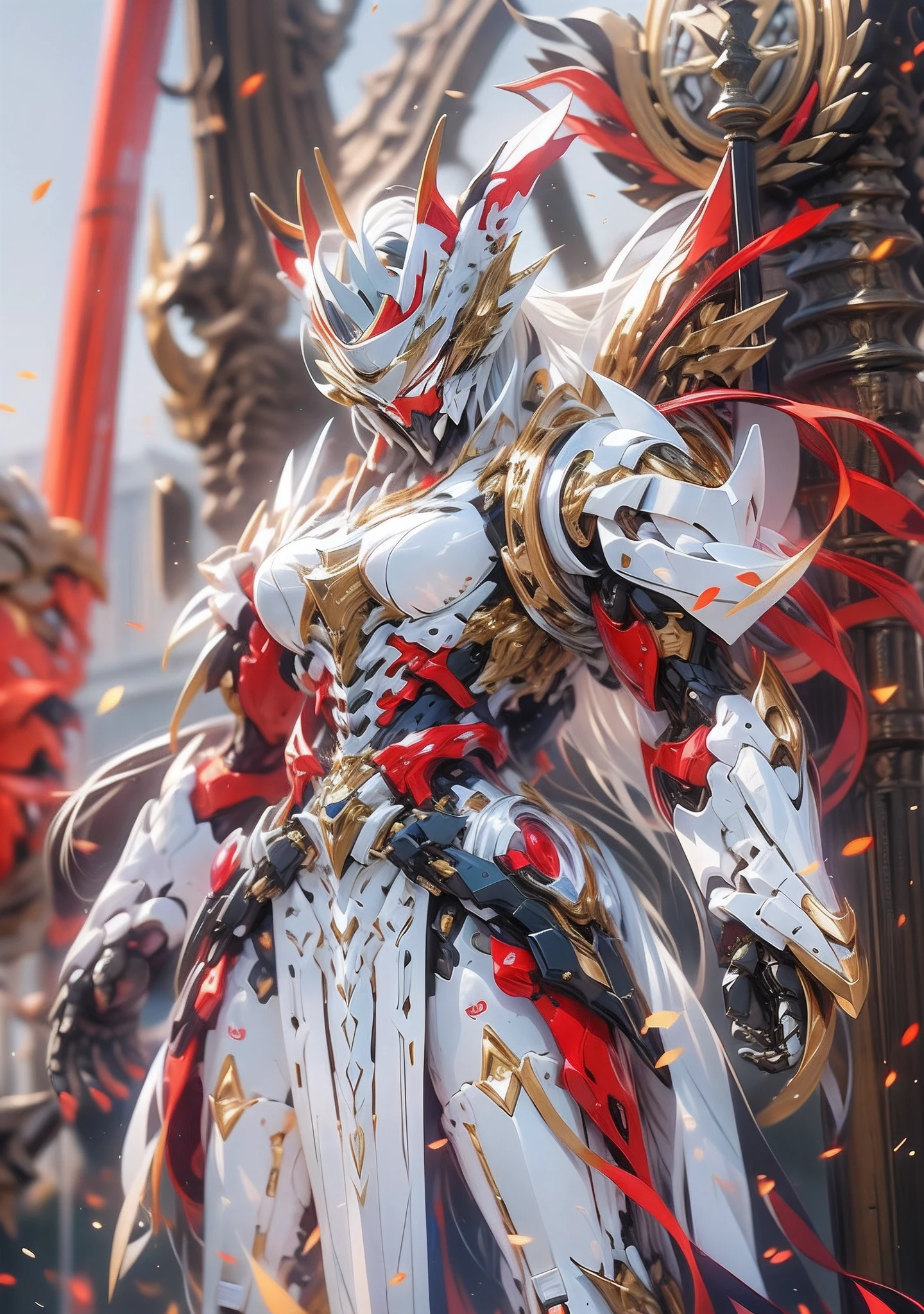 super wide shot, Full body frontal photo,mecha woman warrior， Tame style,《Red and white mech》，（《Chinese red tassel gun in hand》，Next to it sat the White Tiger Mecha Beast，），（Full body mecha，The whole body is surrounded by the breath of flames）, Keqing from Genshin Impact, (Masterpiece) ， The best quality， High quality，Gold armor，电影灯光， （Exquisite future）， Beautiful and beautiful， Ultra detailed， great composition， Floating， Depth of field， （Very detailed CG，Unity 8k壁纸）， （Beautiful detail background）， dramatic lights， GOGETTA， Mecha，best qualtiy，超高分辨率，detailed face with，opulent，milkyW，Highly detailed skin，Realistic details of skin，Visible Pore，tack sharp focus，volume fog，8K  UHD，digital SLR camera，high qulity，filmgrain，White skin of the，