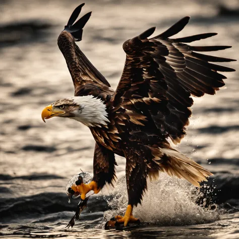 American Bald Eagle diving towards prey, with a fierce expression on its  brown-feathered face, it's talons skimming the water surface of a lake with  a rainbow trout leaping out of the water