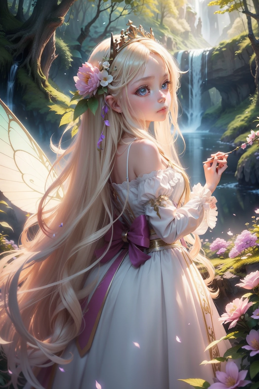 Incredible Fairy Walks In The Autumn Forest A Blonde Girl With Very Long  Hair Unusual Styling Elf In A Green Dress With Glowing Golden Wings  Background Of Huge Old Trees Entwined With