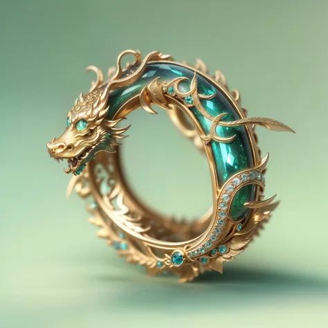 masterpiece，highest  quality，(There is nothing but a ring)，(there is nobody),The ring is shaped like a Chinese dragon wrapped around end from head to end，Delicate gold ring，The sheen，inverted image，Sparkling blue-green gemstones，Elegant and noble,simple ba...