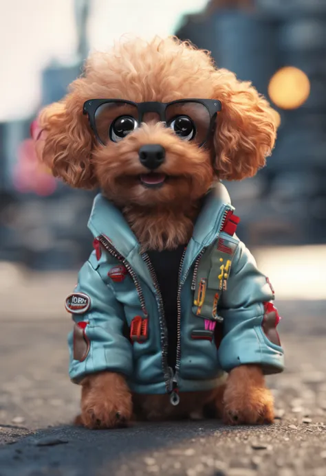 Cute and cool stickers, poodle, Fluffy lid, White background, Teen cute puppies in full growth cypunk in jacket, boombox, iso-distance view, Cinematic, Hyperrealistic, back lit lighting,very low angle, Highly detailed, zoomout, rendered in unrealengine,