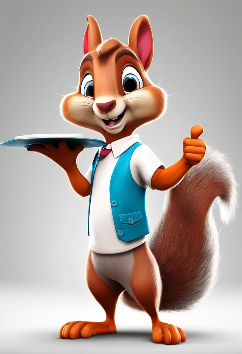 Cartoon squirrel holding plate gives thumbs up, 1024x1024, com mascot, mascot illustrations, Cute cartoon character, high school mascot,Wear clothes，white backgrounid