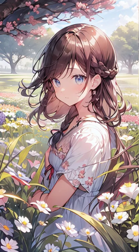masutepiece, Best Quality,Illustration, Wallpaper, Ultra Detail, Absurd beauty、1 beautiful girl、 (Semi-long hair、short braided hair), Beautiful ultra-detailed eyes , Hair fluttering in the wind、Keep your head small、flower  field、great outdoors、Landscape of...