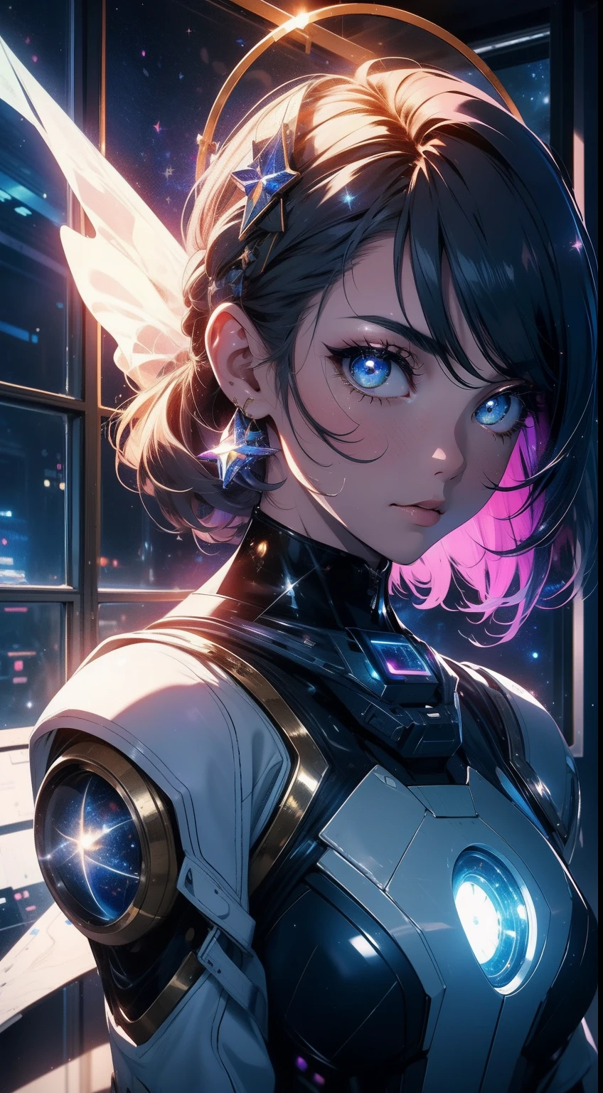 space girl,space suit, space, masterpiece, best quality, technological, high tech, intricate, detailed, absurdes, 1girl, cute, perfect face, space, window, gorgeous, star dust,cosmic, wallpaper, cinematic,compsition, colorful, perfect eyes, sensual,magic, dimensions, stardust, futuristic, backlighting, epic, fantasy