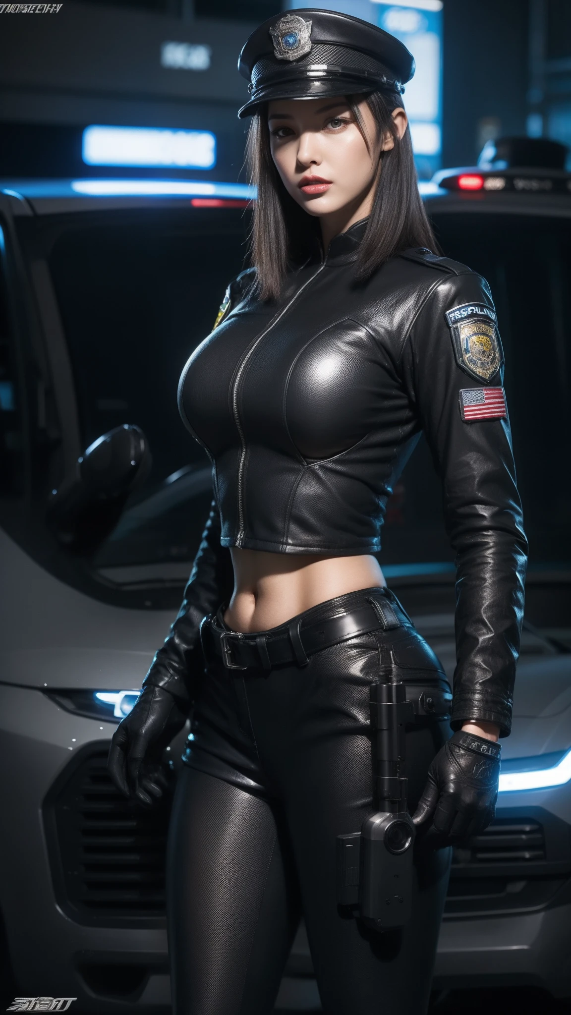 Qualité d&#39;image la plus élevée，détails remarquables，ultra haute résolution，La police du futur，Elle porte un uniforme SWAT futuriste，Elle se tenait devant la voiture de police，très sexy，Corps robuste，Sexy et robuste，Abdos détaillés，Lignes musculaires détaillées，poses dynamiques，la nuit，Fond de vue sur la rue de la future ville，néon，sens de la science et de la technologie，technologie du futur，Style cyberpunk très détaillé，personnage cyber punk，Uniformes de police très détaillés，Casquette de police très détaillée，Force de police très détaillée，Insigne de police très détaillé，Brassards très détaillés，Bandes de police très détaillées，Épaulettes très détaillées，porter une casquette de police，Bâtons électriques très détaillés，Des armes très détaillées，L&#39;arme du futur，interphone，Appareils sans fil，Menottes très détaillées，Équipement de police très détaillé，Voiture de police très détaillée，La future voiture de police，façade，photo du corps entier，Regardez de bas en haut，regarde d&#39;en bas, je regarde le spectateur，mechs