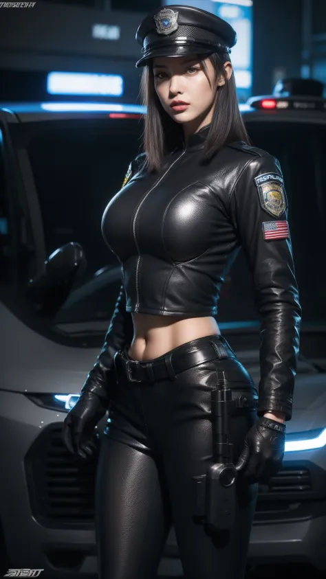 Highest image quality，Outstanding details，超高分辨率，The police of the future，She wears a futuristic SWAT uniform，She stood in front of the police car，Very sexy，Robust body，Sexy and robust，Detailed abs，Detailed muscle lines，dynamicposes，the night，Future city st...